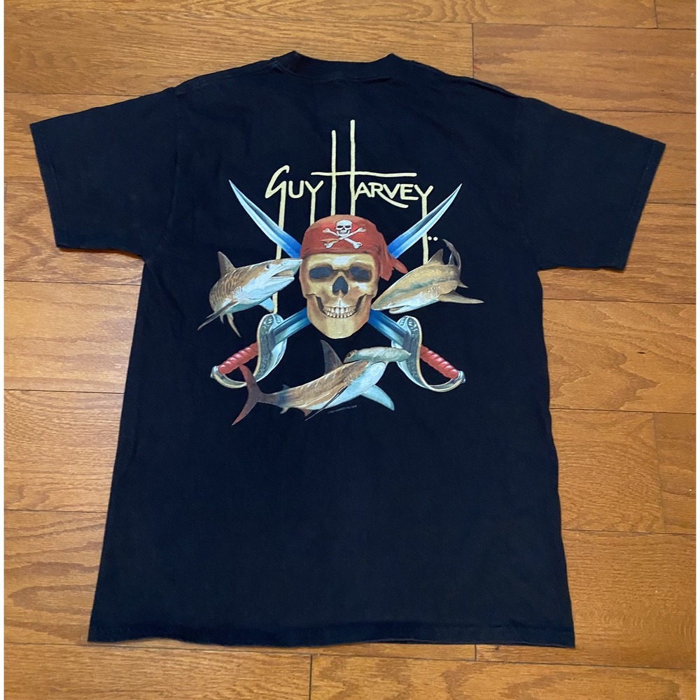 Guy Harvey Black Aftco Tee Pirate Skull Shark Graphic T Shirt Men's Medium M